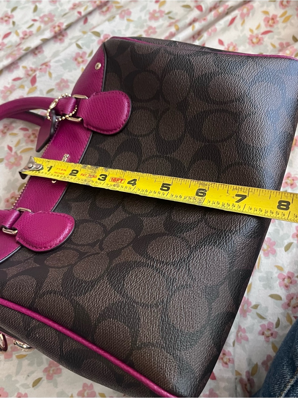 Coach Mini Bennet Brown Signature Satchel with Fuchsia Trim - Picture 3 of 8